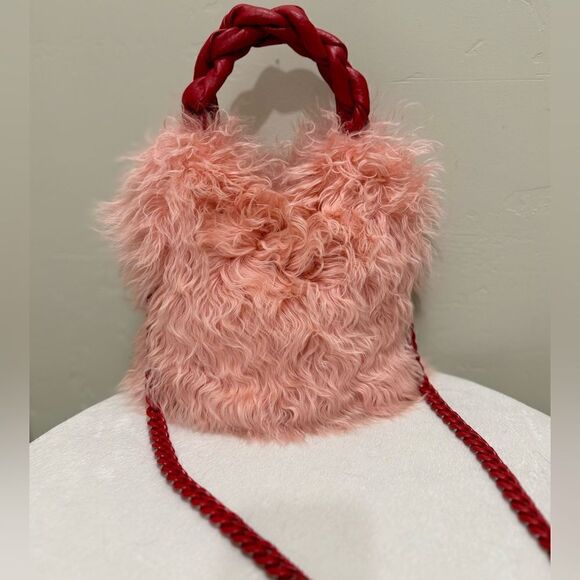 Genuine Curly Lamb Fur Handmade Leather Braided Handles Tote Bag, Crossbody - Picture 6 of 16